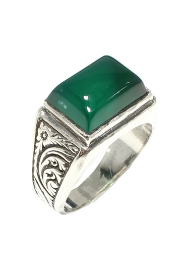925 Ayar Gümüş Yeşil Dikdörtgen Akik Taşlı Desenli Erkek Yüzük