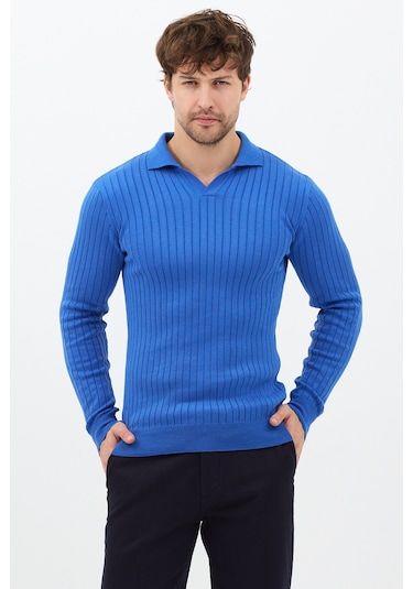 Saks Erkek Polo Yaka Fitilli Triko Kazak Saks