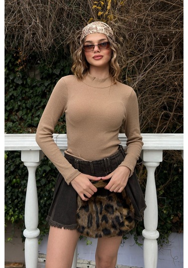 Saks Yarım Balıkçı Şardonlu Fitilli Bluz Sütlü Kahve