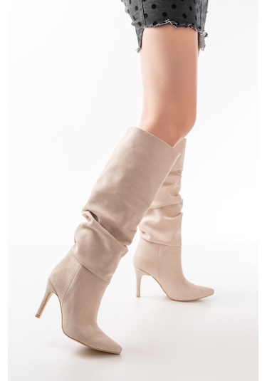 Syt-2003 Bej Süet Körüklü İnce Topuklu Günlük Bayan Çizme Bej