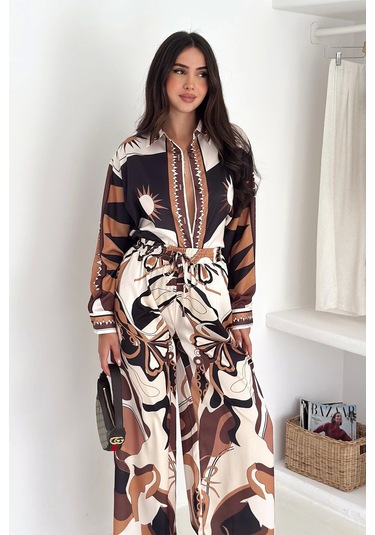 Modal Saten Kumaş Desenli Takım Kahverengi Kahverengi