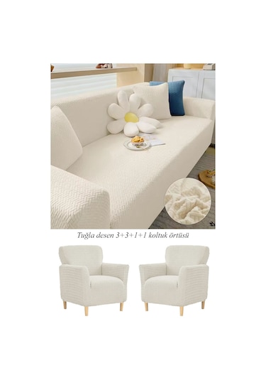 Upmall Tuğla Desen Koltuk Örtüsü Çekyat Kılıfı 3311 Takım Krem