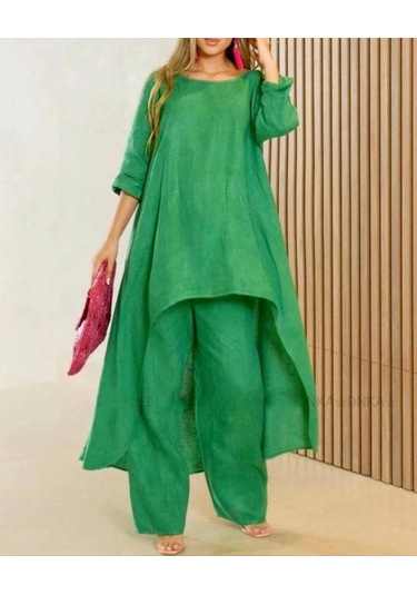 Kadın Uzun Kollu Kayık Yaka Detay Tunik Ve Pantolon Ikili Takım Yeşil