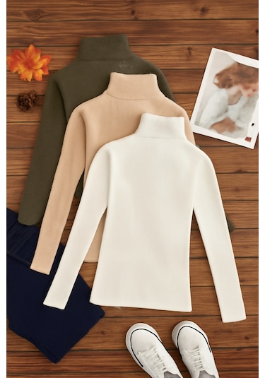 3'lü Paket Kadın Basic Tam Balıkçı Yaka Kazak Çok Renkli-1