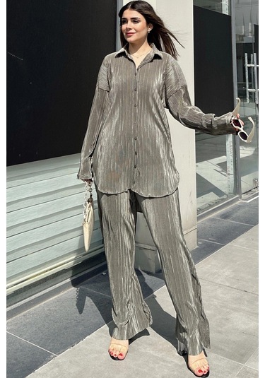 Kadın Haki Uzun Tunik Gömlek & Beli Lastikli, Bol Paça Pantolon - Salaş Bürümcük Takım Haki