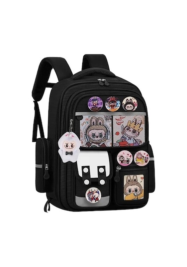 Lemestar Okul Çantası İlkokul 2-6. Sınıf Çocuklar İçin Karakterli Siyah Küçük Boy Çift Omuzlu Çanta + 10 Parça Seti