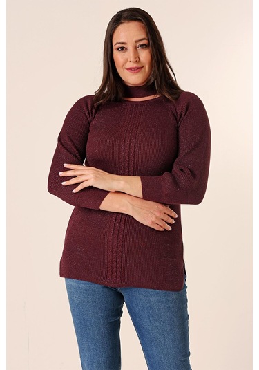 Boyun Dekolteli Saç Örgülü Desen Büyük Beden Spor Tunik Kazak-35211 - Mor