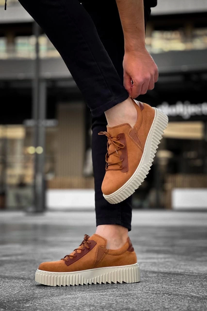 Kb-x502 Kuback Taba Süet Yüksek Bej Taban Bağcık Detaylı Lastikli Günlük Erkek Ayakkabı Beyaz