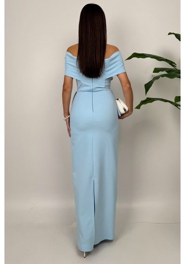 Vivenza Gül Detaylı Omuz Açık Kayık Yaka Uzun Mavi Abiye Elbise, Nişan Ve Davet Zarafeti Mavi