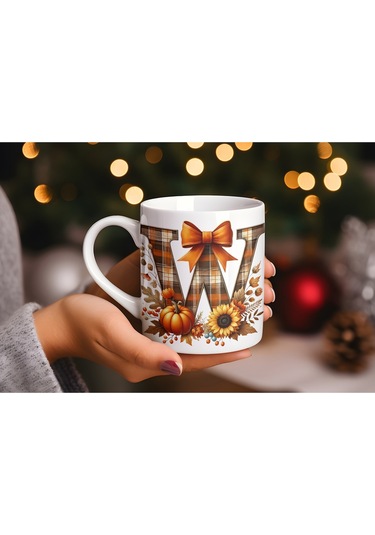 W Harfi Ekose Ve Sonbahar Temalı Kupa Bardak - Kişiye Özel Sıcak Tonlar Alfabe Kupa - Hediye Beyaz