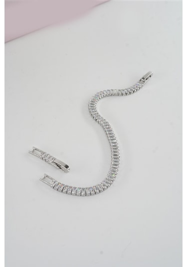 Kadın 316 L Çelik Vip Seri Antialerjik Baget Zirkon Taşlı Su Yolu Bileklik Ölçüleri 17cm + 3 Cm Uzatma 7 Mm Taş Boyutu-5211 Gümüş