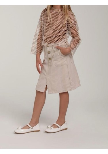 Kız Çocuk Pamuklu Keten Yırtmaçlı Cepli Etek-15612 Bej