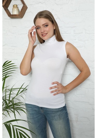 Giyim Bayan Sıfır Kol Yarım Balıkçı Yaka Body Beyaz Beyaz