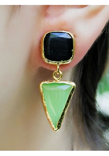 Kare Üçgen Modelli Kedigözü Cam Gold Kaplamalı Kadın Küpe Euku24sy Yeşil