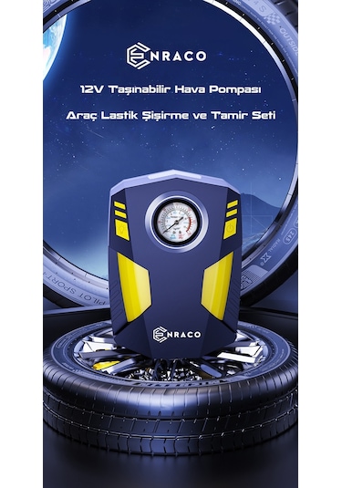 Enraco 12v Taşınabilir Hava Pompası Kompresör Araç Lastik Şişirme Ve Tamir Seti
