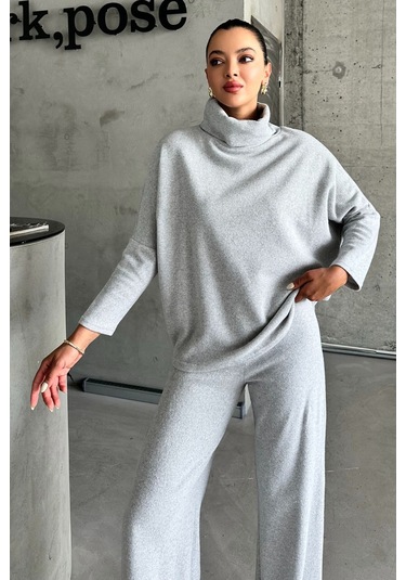 Modagen Kadın Selanik Kumaş Balıkçı Yaka Alt Üst Takım Gri