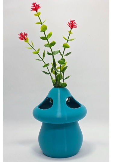 Kalemlik Turkuaz Sima Mantar Çiçekli Üç Gözlü Kalemlik Düzenleyici Turkuaz