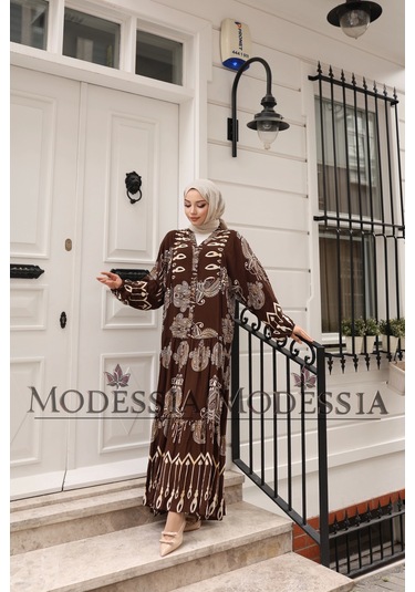 Kadın Kahve %100 Viskon Pamuklu V Yaka Alaçatı Model Kat Kat Elbise V6532 Kahve