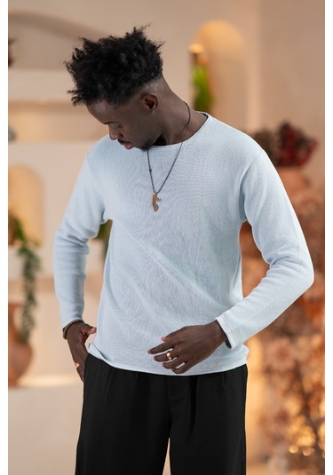 Regular Fit Likralı Kendinden Çizgili Mevsimlik Spor Kazak Mavi