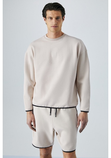 GRIMELANGE Plemon Erkek Bisiklet Yaka Uzun Kol Baskı Detaylı Oversize Taş Rengi Sweatshirt Taş Rengi