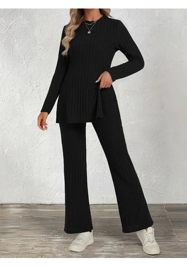 Evyora Kadın Uzun Kollu Bisiklet Yaka Yandan Yırtmaçlı Şardonlu Kaşkorse Bluz Ve Pantolon Ikili Takım Siyah Evyora Kadın Uzun Kollu Bisiklet Yaka Yandan Yırtmaçlı Şardonlu Kaşkorse Bluz Ve Pantolon Ikili Takım Siyah