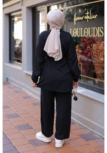 Hakim Yaka Detaylı Tesettür Siyah Takım Siyah