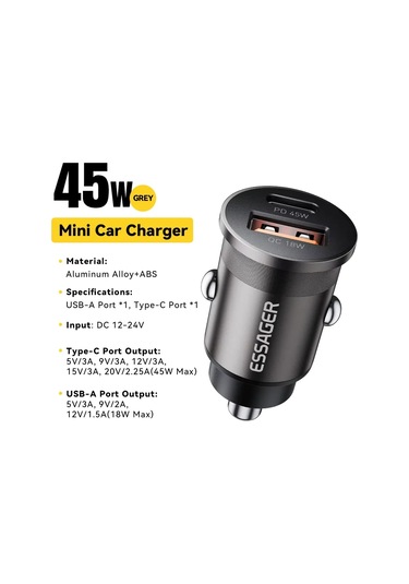 Essageressager 45w Araç Şarj Cihazı Pd Qc3.0 Çift Usb-c iPhone Uyumlu, Uyumlu, 16/15/14 Samsung Xiaomi Huawei Oppo Dedistribütör Garantili