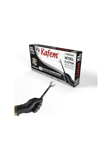 Kafem Siyah Nitril Eldiven Pudrasız Ekstra Kalın (XL) 50 Li X 5 Paket