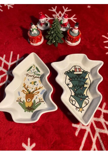 Yılbaşı Temalı 2'li Ağaç Tasarımlı Desenli Seramik Sunum Servis Tabağı 17x12 Cm Geyikli Ve Çam Ağaçlı