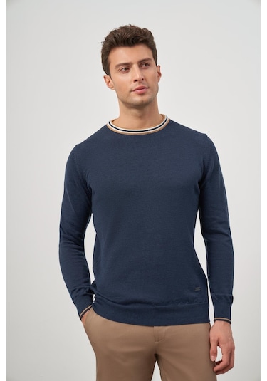 İndigo Mavi Uzun Kol Düz Örme Bisiklet Yaka Classic Slim Fit Triko 1012245108 İndigo Mavi