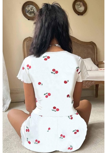 Merry See Örme Yumuşak Kısa Kol Kiraz Basklı Sortlu Pijama Takımı 001