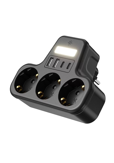 Çoklu Gece Lambalı Priz Yüksek Gerilim Korumalı 3'lü Priz 2x Usb 2x Type-c Çıkışlı Grup Priz Çoğaltıcı 0