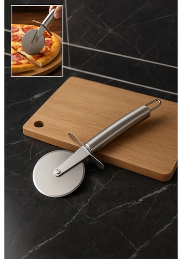 Paslanmaz Çelik Pizza Hamur Mantı Börek Kesme Ruleti Pratik Pizza Kesici Dilimleyici Rulet Gri