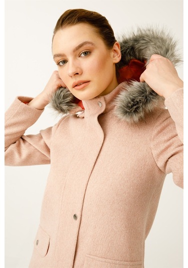 Yün Kumaş Fermuar Kapamalı Kapişonlu Kaban Pudra-pudra Pudra