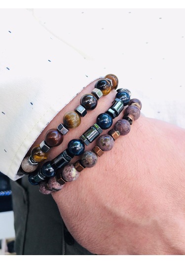 Nursaat Captiva Stell 3.Lü Set Doğaltaş Erkek Bileklik Seti N11.70197 Siyah