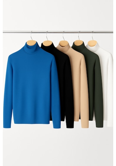 5 Li Paket Kadın Basic Tam Balıkçı Yaka Kazak Çok Renkli-4