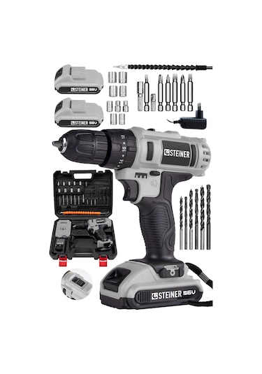 Steiner 56 V 5 Ah Çift Akülü Bakır Sargılı Darbeli Vidalama Matkap + 24 Parça Set Gri