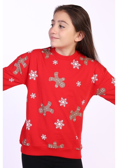 Toontoy Kız Çocuk Kar Taneli Kurabiye Baskılı Sweatshirt Kırmızı
