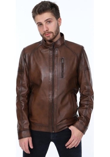 Hakiki Kuzu Derisi Kahverengi Dik Yaka Bern Erkek Deri Ceket Kahverengi