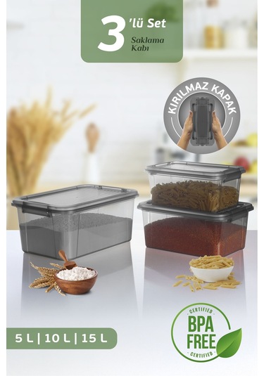 3'lü Organizer Box 5-10-15l Saklama Kabı - Çok Amaçlı Düzenleyici Kilit Kapak Derin Saklama Kutusu Siyah