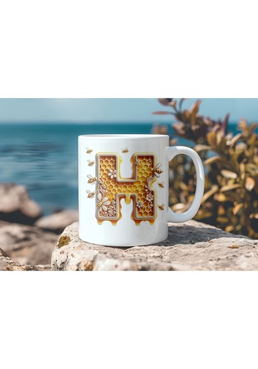 H Harfi Bal Arısı Tasarım Kupa Bardak - Bal Ve Petek Desenli Kişiye Özel Kahve Kupası - Hediyelik Beyaz