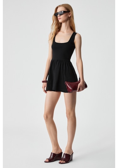 MBROS Kadın Slim Havuz Yaka Kolsuz Kısa Siyah Elbise