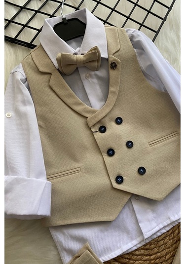 Katlama Detay Yelekli Rozetli Çocuk Takım Elbise Bej