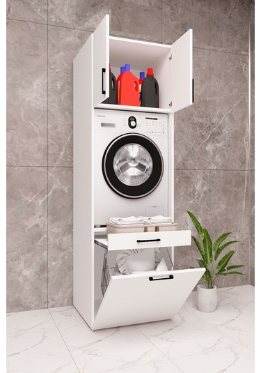 Mdf Çamaşır Makinesi Dolabı Sepetli Beyaz