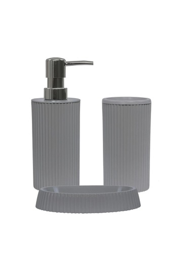 Line 3 Parça Yuvarlak Lavabo Seti - Sıvı Sabunluk Katı Sabunluk Diş Fırçası Gri