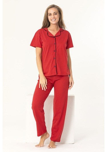 Kırmızı Renk Biyeli Pamuklu Kısa Kol Pijama Takımı Kırmızı