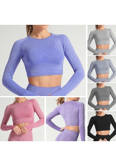 Skycity Kadınlar İçin Esnek Noktalı Yoga Üstü, Uzun Kollu Ve Göbek Açık Spor Giysisi Gri