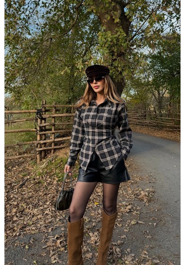 Siyah Bağlama Detaylı Ekoseli Gömlek - 25250 Siyah