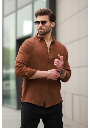 Madmext Kahverengi Basic %100 Pamuklu Uzun Kollu Erkek Gömlek E6761 Kahverengi