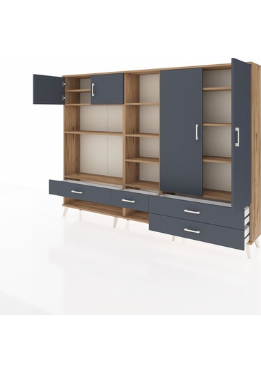 Arges Dolap 12 Raflı 4 Çekmeceli 4 Kapaklı 220x30x163 Çam-antrasi Çam-antrasit